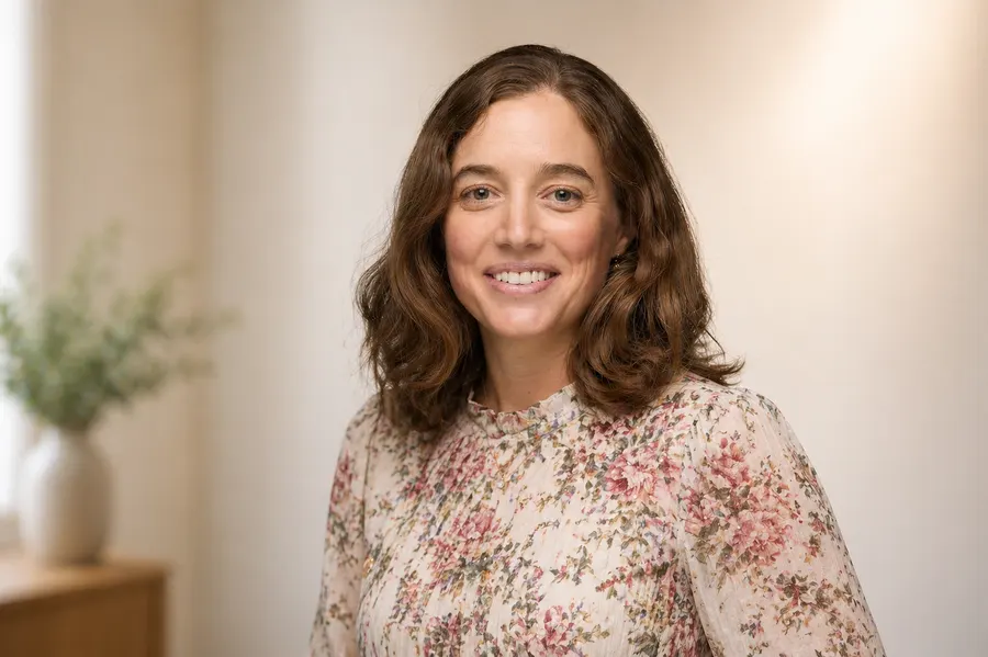 Mireille smiling warmly in a softly lit room.